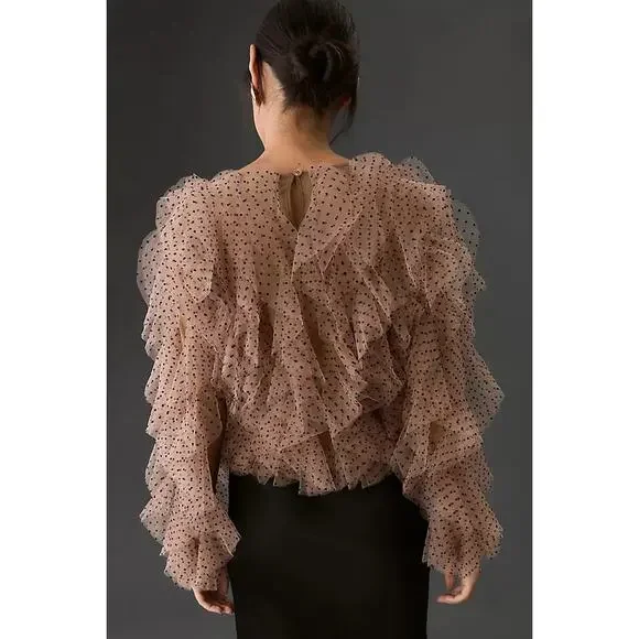 Anthropologie Dolan Womens XL Left Coast Mesh Ruffle Top Nude Polka Dot Romantic - Picture 2 of 16